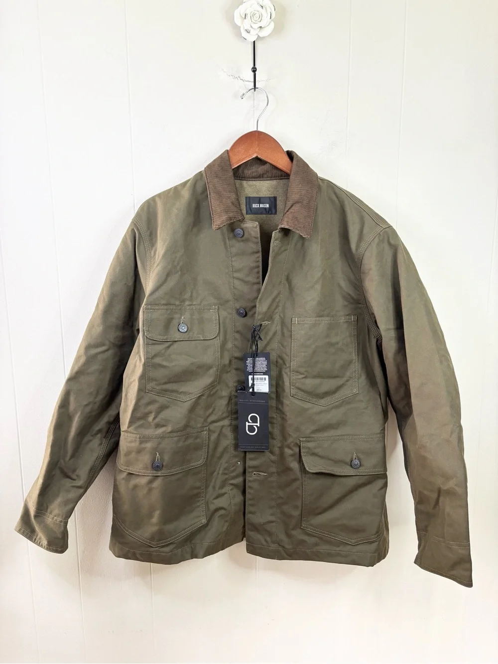 Buck Mason surplus green dry waxed canvas highland jacket size L men’s flaw